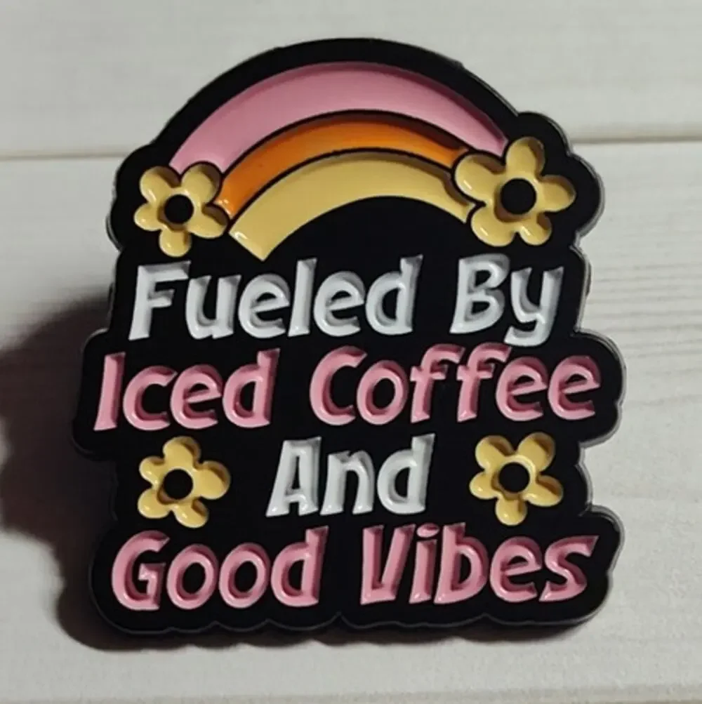 Fueled by Iced Coffee & God Vibes Coffee Lover Pin Lapel Hat Badge